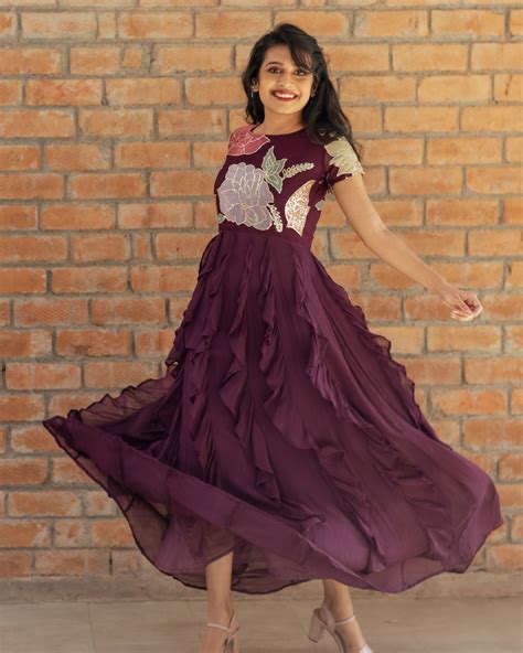 Purple Floral Embroidery Ruffle Dress By Athira Designs The Secret Label