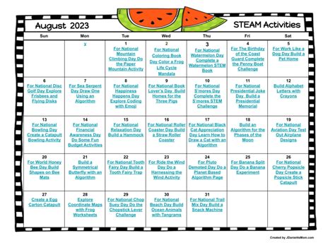 August 2023 STEAM Activity Calendar JDaniel4s Mom