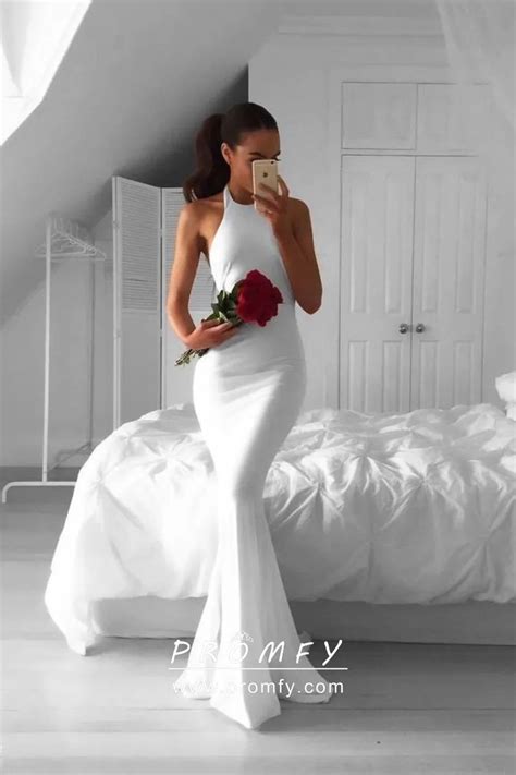 Body Hugging White Mermaid Open Back Halter Neckline Long Prom Dress Promfy