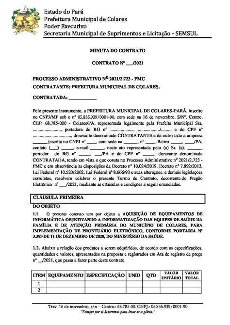 Minuta Do Contrato Prefeitura Municipal De Colares Gest O