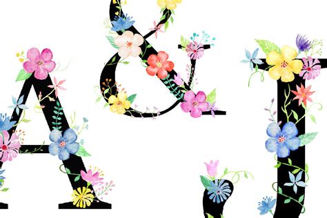 Watercolor Floral Alphabet Black By Cornercroft Thehungryjpeg