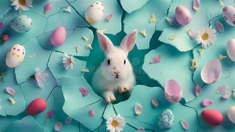 Curious Easter Bunny Peeking Through Hole From Soft Blue Wall With