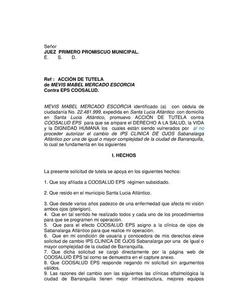 Acción de tutela salud constitucional Señor JUEZ PRIMERO