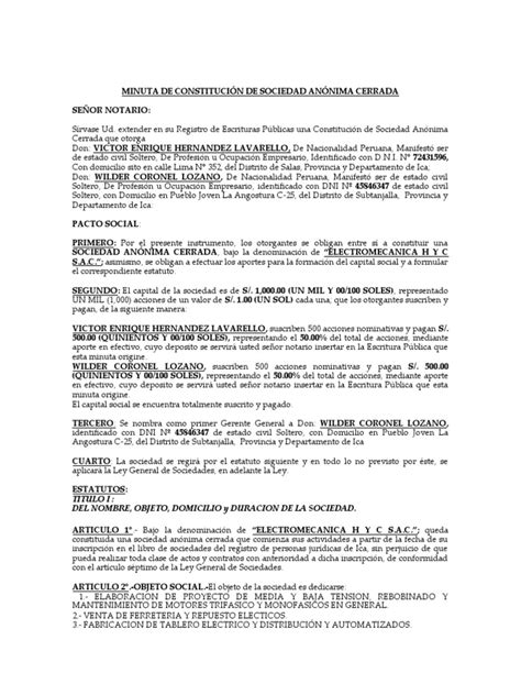 Minuta De Constitución De Sociedad Anónima Cerrada Electromecanica H Y C Sac Pdf Préstamo