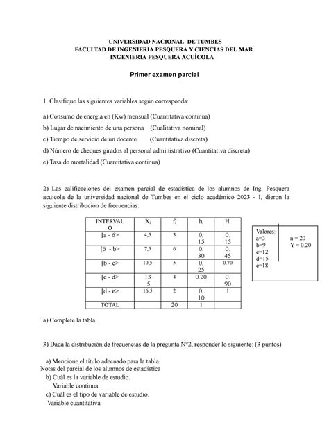 Primer Examen Parcial Ing Pesquera Acu Cola Universidad Nacional