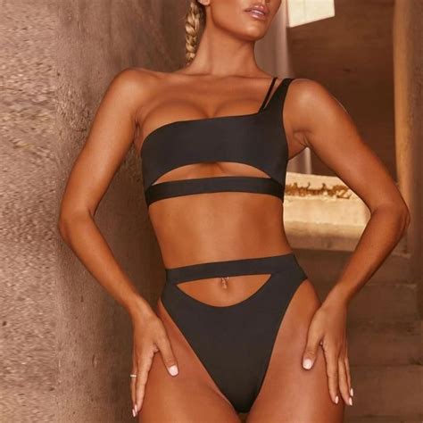 Femmes Sexy Maillots De Bain Une Épaule Taille Haute Solide Split Maillot De Bain Bikini Noir