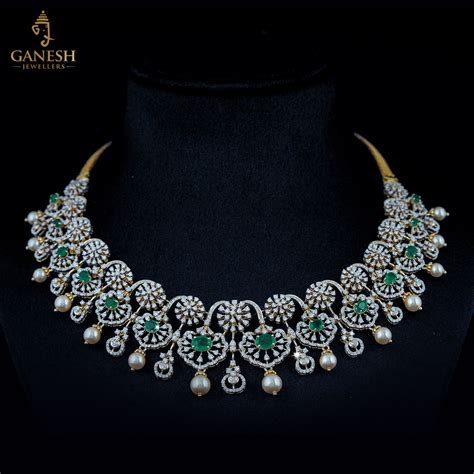 Diamond Necklace with Green Stone | Jewellery design sketches, Diamond ...