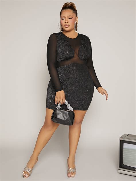 Shein Sxy Plus Sheer Mesh Insert Glitter Bodycon Dress Shein Usa