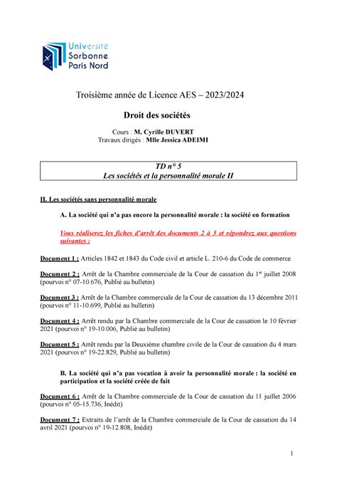 Fiche 5 Droit des soci Ãt Ãs L3 AES Troisième année de Licence AES