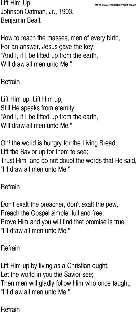 Hymn and Gospel Song Lyrics for Lift Him Up by Johnson Oatman Jr