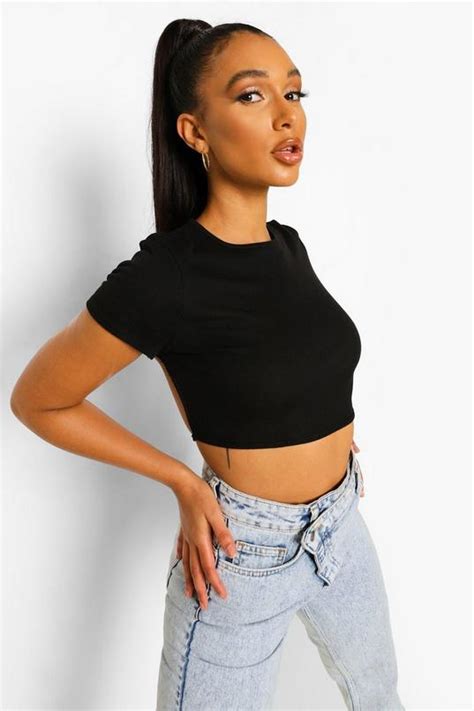 Black Open Back Short Sleeve Top Boohoo Uk