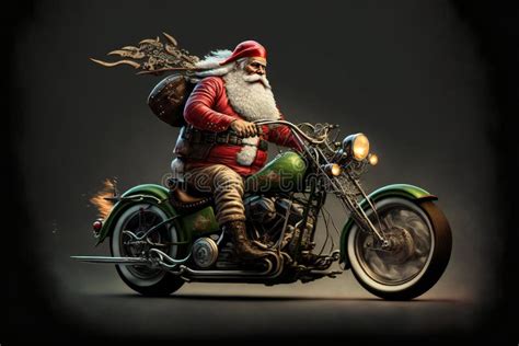 Santa Claus Riding A Custom Motorcycle Digital Illustration Painting