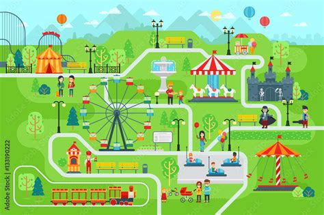 Amusement Park Map Infographic Elements In Flat Vector Design Happy