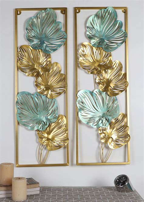 Get Green & Gold Etchiing Leaves Rectangular Wall Decor Set Of 2 at ...