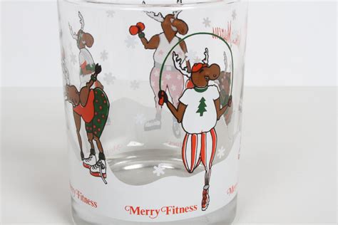 Vintage Neiman Marcus Holiday Christmas Theme Merry Fitness Bar Glasses