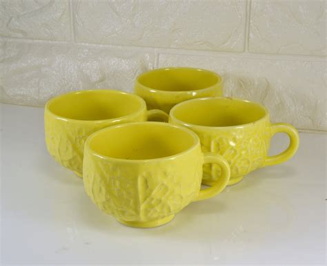 Secla Coffee Cups Yellow Cabbage Leaf Majolica Pottery Vintage Etsy