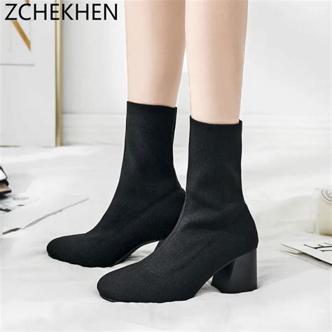 European Fashion Ankle Elastic Sock Boots Chunky High Heels Stretch