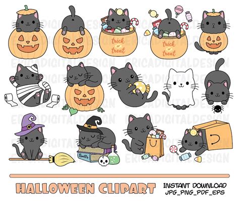 Halloween Cat Clipart Set Cute Halloween Black Cats Clip Art Kawaii ...