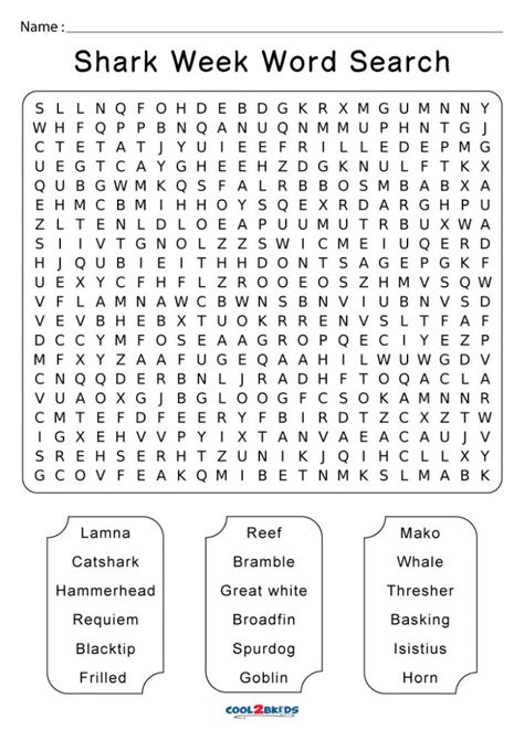 Shark Word Search Printable