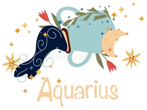 Aquarius Zodiac Sign With Colorful Leaves And Stars Around