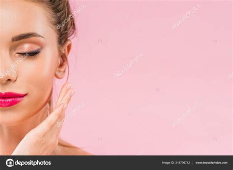 Cropped View Naked Beautiful Woman Pink Lips Posing Hand Face Stock Photo IgorVetushko