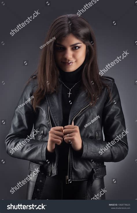 Brunette Girl Black Leather Jacket Beautiful Stock Photo 1068778025 Shutterstock