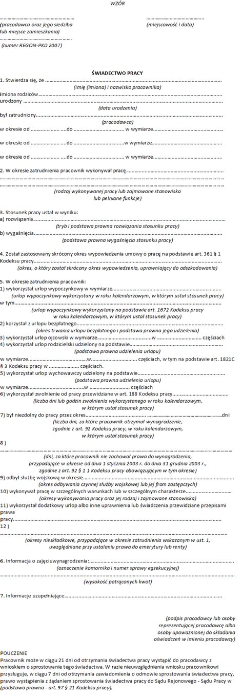 Świadectwo pracy 2017 nowy wzór Infor pl
