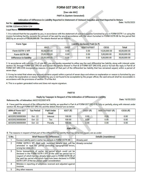 Form DRC 01B In GST Intimation Of Differences In Liability Between The