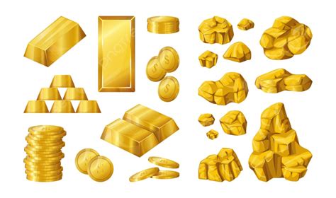 Gold Bar Nugget Coin Metal Goldmine Set Gemstone PNG And Vector With