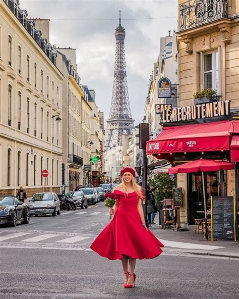 Café Le Recrutement with Eiffel Tower view Outfits in paris Red