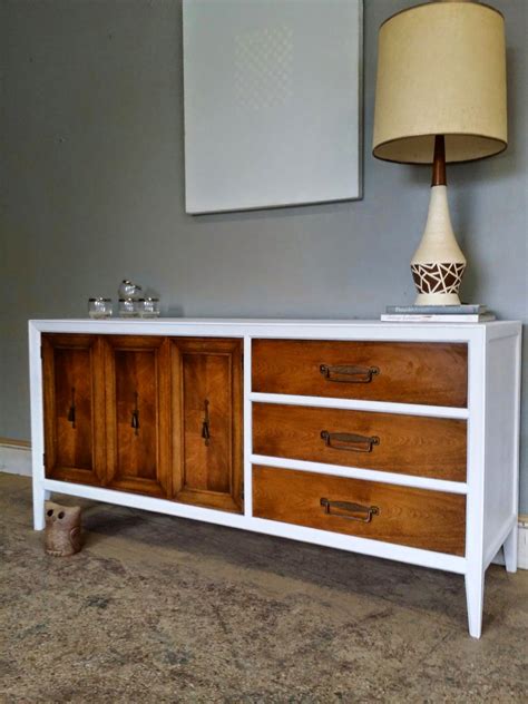 Vintage Ground: Mid Century White / Wood Credenza Media Console Buffet