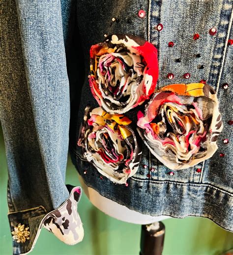 Vintage Denim Jacket With Fabric Flowers Rhinestones And Etsy