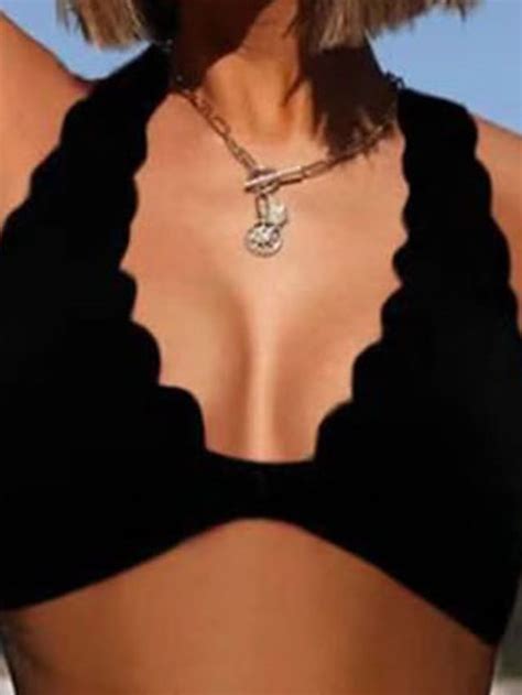 Women S Plus Size Swimwear Bikini 2 Piece Swimsuit Backless Halter Pure Color V Wire Vacation