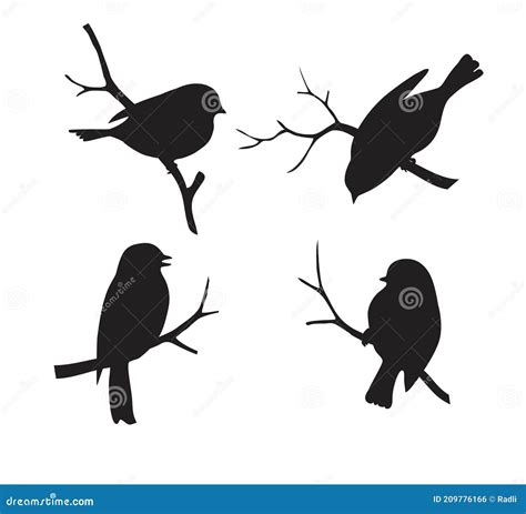 Set Of Forest Bird Sitting On Twig Silhouette Collection Of Decorative