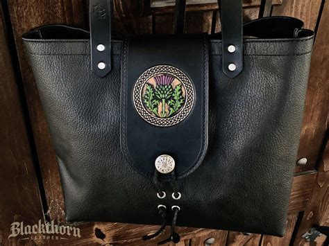 THE ALEX TOTE THISTLE Hand Painted Embossed Handmade Fine Leather