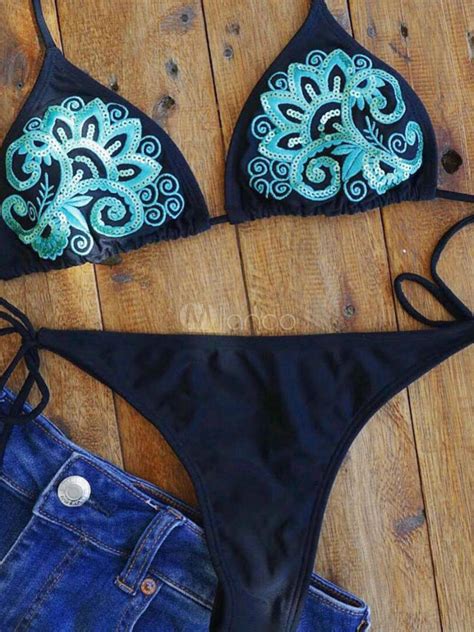 Sexy Thong Bikini Swimsuit Sequin Triangle Bikini Beach Bathing Suit Milanoo