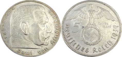 Drittes Reich 5 Reichsmark 1939 E Paul Von Hindenburg J 367 Vz St F