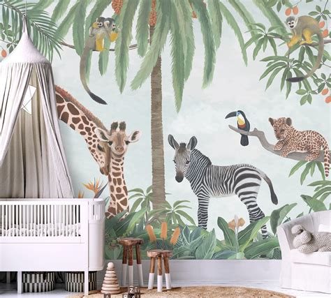 Safari Animals Wallpaper Jungle Scene Mural For Baby Nursery Etsy Uk