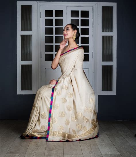 Buy Off White And Multi Colour Border Moonga Silk Saree Designer Sarees