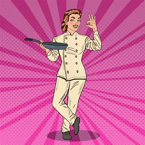 Pop Art Chef Smiling Woman In Uniform With Pan Showing Ok Hand Sign