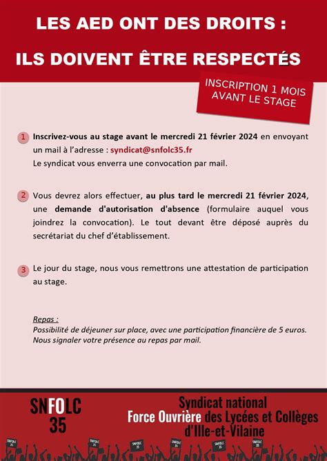 Stage Syndical Pour Les AED Jeudi 21 Mars 2024 SNFOLC 35