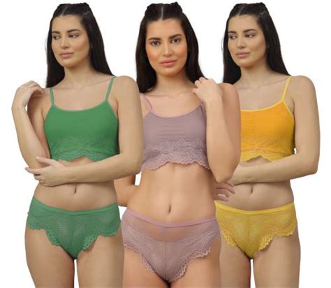 Buy Samvar Women S Green Purple Yellow Net Bra Panty Set For Lingerie Set Undergarments