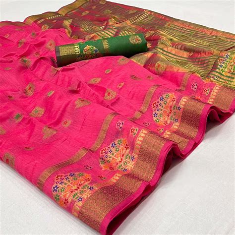 Pink Woven Poly Cotton Saree