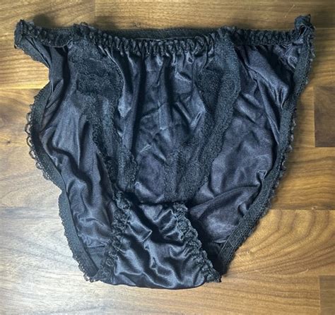 Vtg Nylon String Bikini Panties RARE L Second Skin Lace Black Shiny