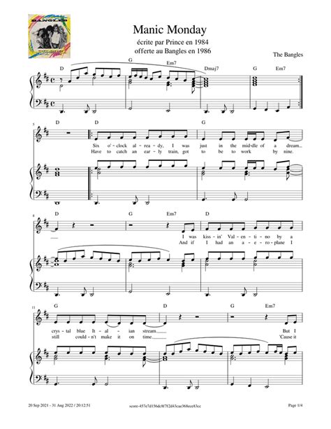 Manic Monday The Bangles Sheet Music For Piano Vocals Piano Voice