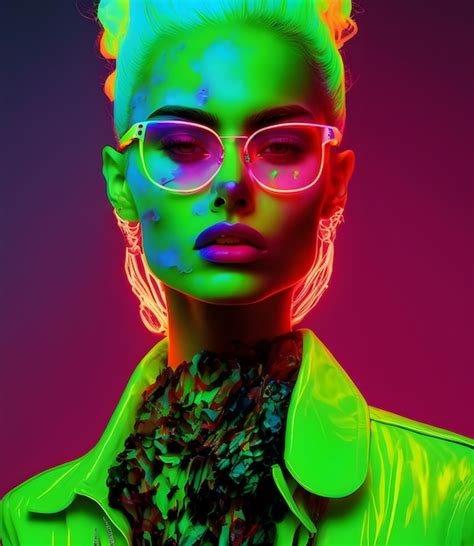 Premium Photo A Neon Portrait Of A Woman With Glasses