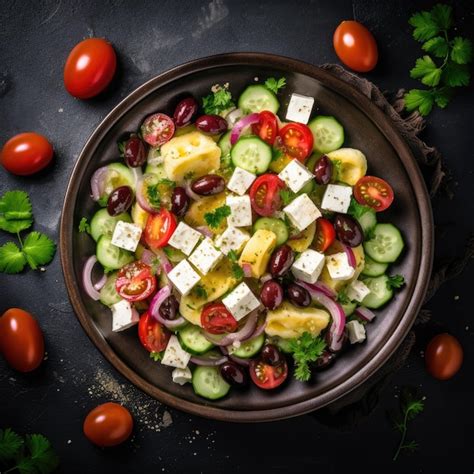 Ensalada Griega Con Queso Feta Y Aceite De Oliva En Un Plato Comida