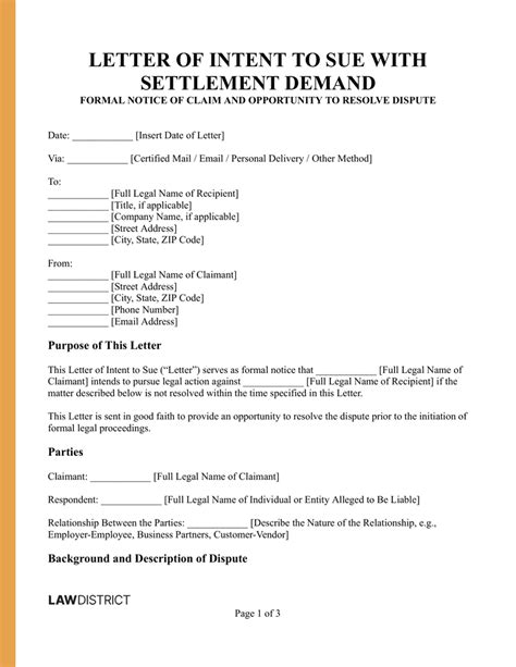 Free Letter Of Intent To Sue Template Settlement Demand Lawdistrict