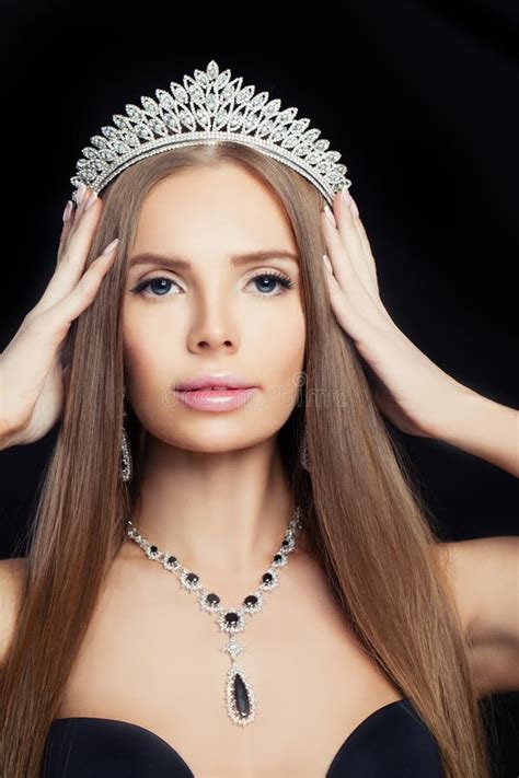 Portrait Of Jewelry Model Beautiful Woman Brunette Woman With Long Smooth Hair And Necklace