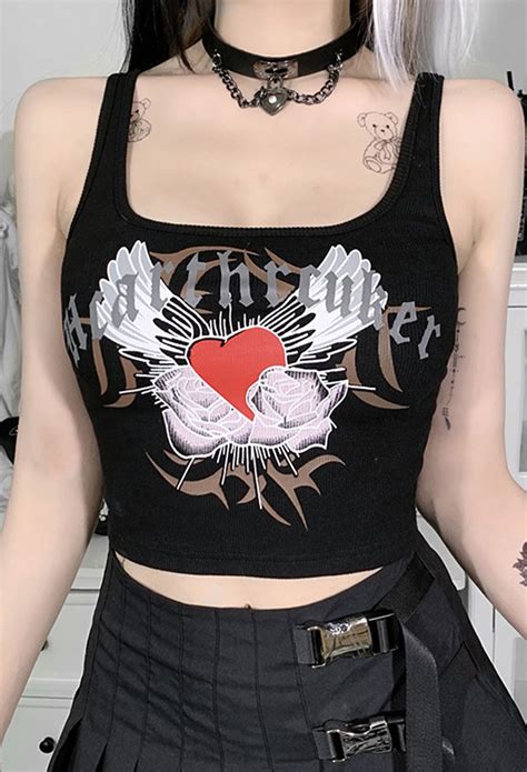 Woman E Girl Gothic Navel Slim Cami Top Gothic Top Love Wings Printed Sleeveless Camisole